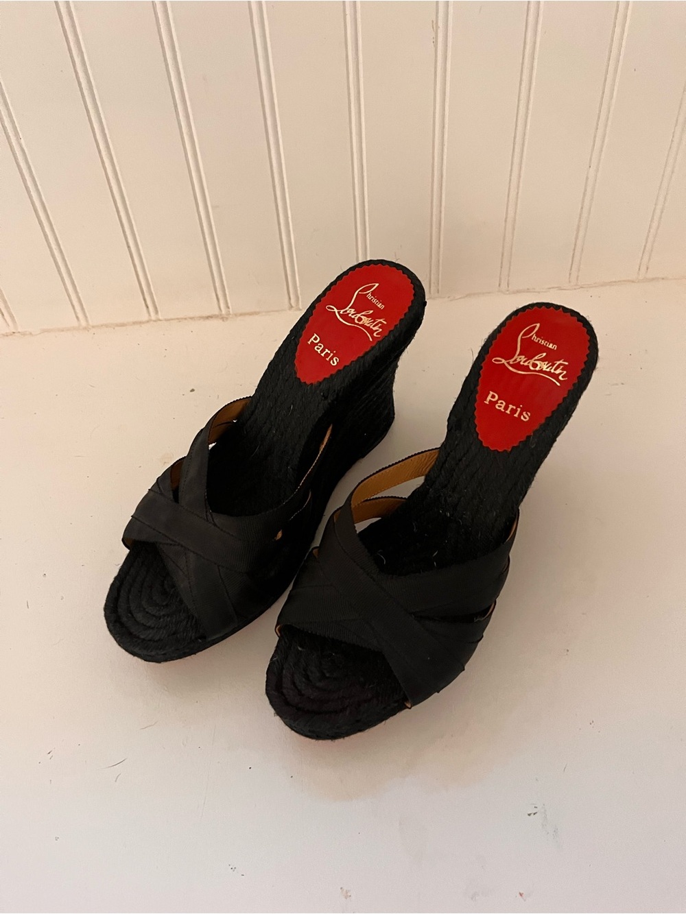 Christian Louboutin Black Woven Platform Wedge Slides